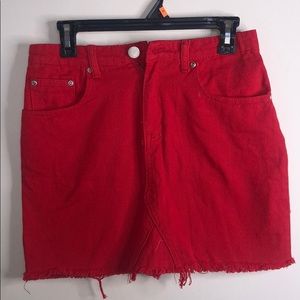 Boohoo Red Fringed Jean Skirt